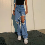 X00993M Street pop hottie ripped high-waisted wash made old jeans personalized loose-fitting slim pants plus size in stock