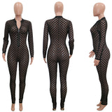 2020 new style autumn hot sale Sexy hollowed-out black lace eyelet long-sleeve zipper one-piece trousers