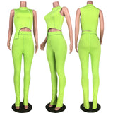 X00089L Fashion character style women two-piece sets stand collar sleeveless crop top & long pants solid color tight sport suits