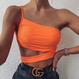 X00217M American fashion 2021 women hot style Tank top fluorescent orange black one-shoulder sexy rope top for women