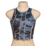 X00525L Phoenix New style print top+Round neck sleeveless fashion printed patchwork slim T-shirt