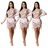 Mesh See Through Sexy Party Dress Women Long Sleeve Drawstring Ruched Mini Dresses Bodycon Butterfly Print Clubwear Hot