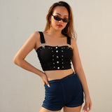 instagram likes ladies black sexy v neck metal button women cropped biker leather vest