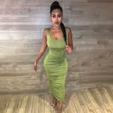 Ruched Solid Sexy Bodycon Party Dresses Women Fashion Sleeveless Skinny Club Midi Dress Summer 2020 Slim Female