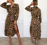 Casual Leopard Women Chiffon Beach Dresses Loose Long Sleeve A-line Sexy Party Dress Vestidos