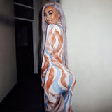 2020 print tie dye long sleeve sexy dress women bodycon party streetwear outfits