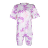 Ready to ship summer tie dye print casual woman clothing tshirt two piece short set