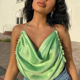 X01007C Sleeveless Strap Ruffles Fashion Rave Festival Crop Tops Vest Green Halter Sexy Backless Camisole Top Solid