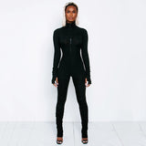 Phoenix Ribbed Stacked Zipper Casual Fitness Sporty Womens Jumpsuits Workout Long Sleeve Skinny Solid Bodycon Romper