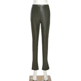 X01903C Solid Women Faux Leather Pant Side Slit Pencil Trousers Streetwear Elegant High Waist Office Lady Vintage Leisure Pants