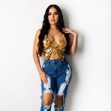 X00208M 2021 women hot style Summer colorful butterfly sequins top Sexy backless V-Neck halter crop top