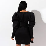 2020 office Solid v-neck breast wrap puff sleeve bow tie trim women dress lady elegant