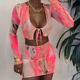 X01261C sexy mesh see though 2 piece outfits full sleeve low-neck bandage sling crop top mini dress matching set fashion