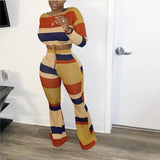 Hot style ladies two-piece set+Fashion rainbow stripe T-shirt wide-leg two-piece pants