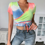 X00496S Summer New Fashion Tie Dye Printed CropTops Women Slim Short Crop Tops Casual Knitted Camis Streetwear Clothes