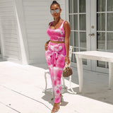 X00135M Women 2 Pieces Set Tie Dye Print Skirt Set Sleeveless Crop Top and Long Pencil Skirt Lace Up Wrap Elegant Outfit