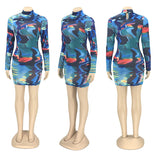 Phoenix Fashion sexy print long sleeve dress+Tight bag hip tie-dye print long sleeve dress