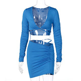 Phoenix Sexy hollow out dress New autumn/winter 2020 V-neck crop navel long sleeve blouse fashion slim skirt