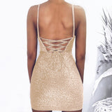 Mini Party Dress Glitter Sexy Bodycon Spaghetti Strap Backless Off Shoulder Short Sparkle Clubwear Summer Dress Women