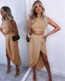 X00439M Fashionable and sexy Two - piece dress with pleated slit and tank top in plain color suit