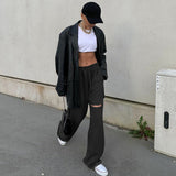 X00179M hot style summer 2021 women wear high-waisted broken hole pants sport Casual loose pants