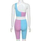 X01259C 2021 tracksuit women one shoulder fitness two piece set purple blue patchwork crop top biker shorts skinny casual