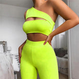 Sexy Short Two Piece Set Women One Shoulder Neon Crop Top And Biker Shorts Bodycon Matching Sets Summer