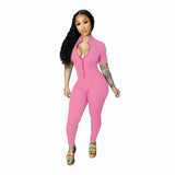 2020 Hot style high crater women jumpsuit+sexy zip collar short sleeve solid color jumpsuit