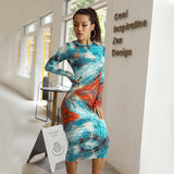 Fashion sexy dress 2020 autumn new round neck long sleeve skirt Blue print dresses