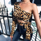 X00848C One Shoulder Cropped Tops Hollow out Leopard Print Lace up T-shirts for Women Slim Fashion Tees