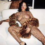 see through transparent leopard print sexy women mesh long jumpsuit festival body outfits party clothing