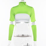 X00205V Long sleeve high collar midriff-baring tops