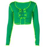 X00800M New style hollowed-out long-sleeved T-shirt tops sexy women tops bodycon green casual tops hot