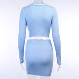 X01379C Knitting Ribbed Fashion Women Two Piece Sets autumn long Sleeve Casual Bodycon Outfits Button Crop Top And Skirt Set