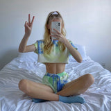 Fashion Women Clothing Casual Style Tie Dye Print T Shirt Two Piece Set Female Short Sleeve Summer Tops And Pants Suit