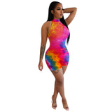 Tie Dye Women Bodycon Dresses Sleeveless Fashion Skinny Casual Mini Dress 2021 Summer Slim Hot Clubwear