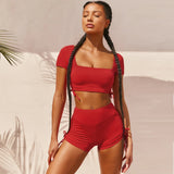 Women Open Back Sexy 2 Piece Set Sport Suit Gym Clothes Fitness Top Shirt High Waist Biker Shorts Sportswear