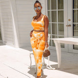 X00135M Women 2 Pieces Set Tie Dye Print Skirt Set Sleeveless Crop Top and Long Pencil Skirt Lace Up Wrap Elegant Outfit