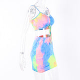 Hot Tie-dye Printed Sexy Two Piece Set Spaghetti Strap Sleeveless Crop Top And Short Skirts Tracksuit Mini