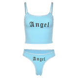 angel print lace spaghetti strap woman crop top underwear two piece sets leisure beach vacation sexy outfit mujer