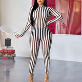 2020 mesh perspective color striped jumpsuit