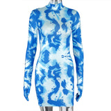 new women's tie-dye dress for autumn 2020 Long - sleeved stand-up collar sexy slim