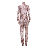 Print pleated casual long sleeve pant suit two-piece high quality fitness set two pieces