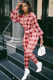 New arrival hot sale women jumpsuits+Plaid print jumpsuit with lapel trim and puff sleeves