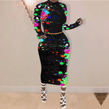 X00504M Women's long-sleeve dress graffiti print two-piece long-sleeve dress suit