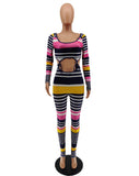 Phoenix New autumn color stripe thread long sleeve two-piece set Hollow out bind stripe suit