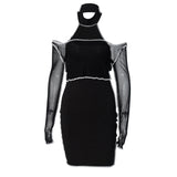 New autumn sexy mesh splice hanging neck long sleeve dresses