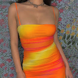 Tie Dye Orange Ruched Women Mini Dresses Strap Sexy Party Clubwear Backless Cross Summer Bodycon Skinny Dress New