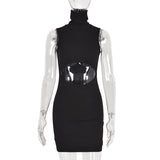 Elegant Sleeveless Mock Neck Mini Bodycon Dress Birthday Solid Sexy Cut-Out Women's Dresses Fall 2020 Clothing