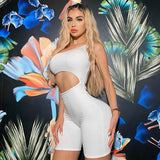 Women Club One Shoulder Hollow Out Sexy Jumpsuit Workout Playsuit Bodycon Slim Sport Romper Biker Shorts